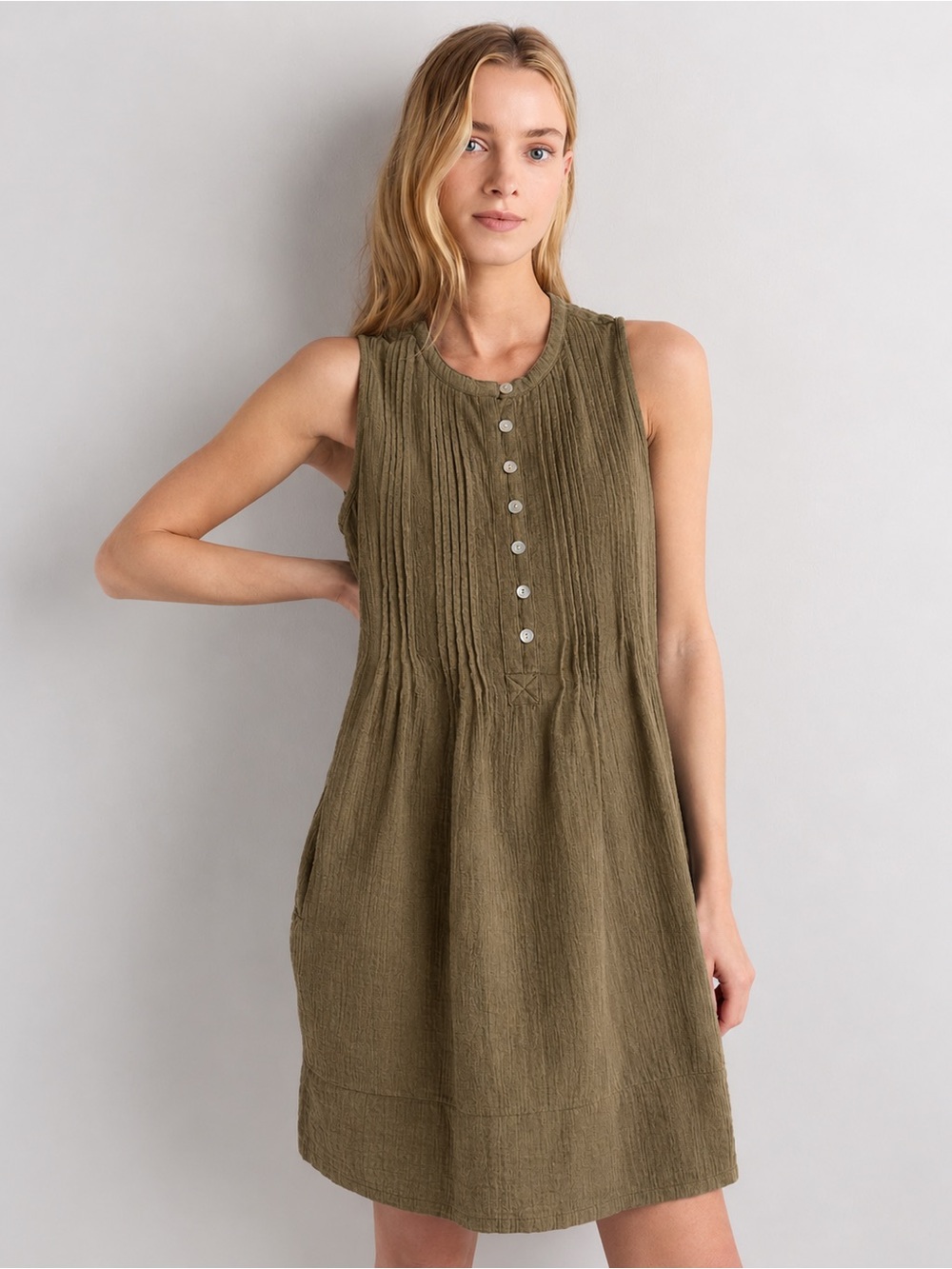 Quince Organic Cotton Gauze Swing Dress in Olive Green